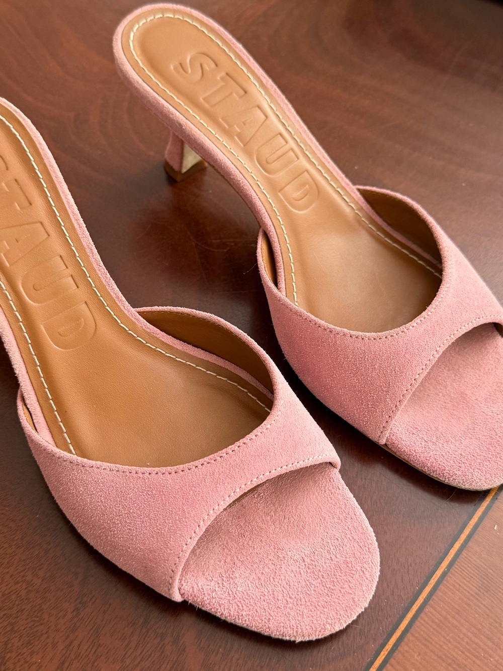 STAUD Dusty Pink Suede Open-Toe Mules